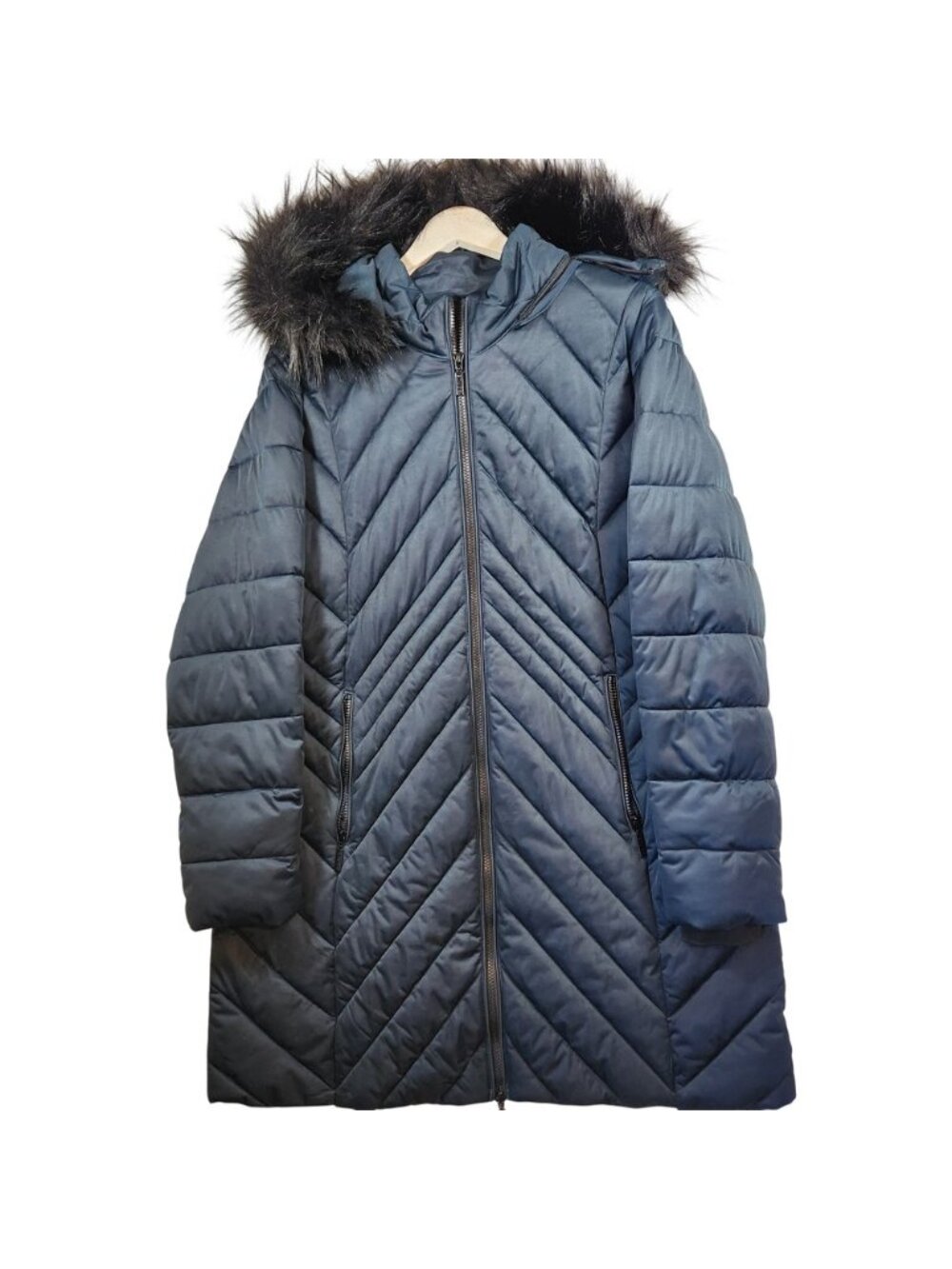 Etage Denmark Womens Long Puffer Coat Faux Fur Hood Blue Chevron parka L/G